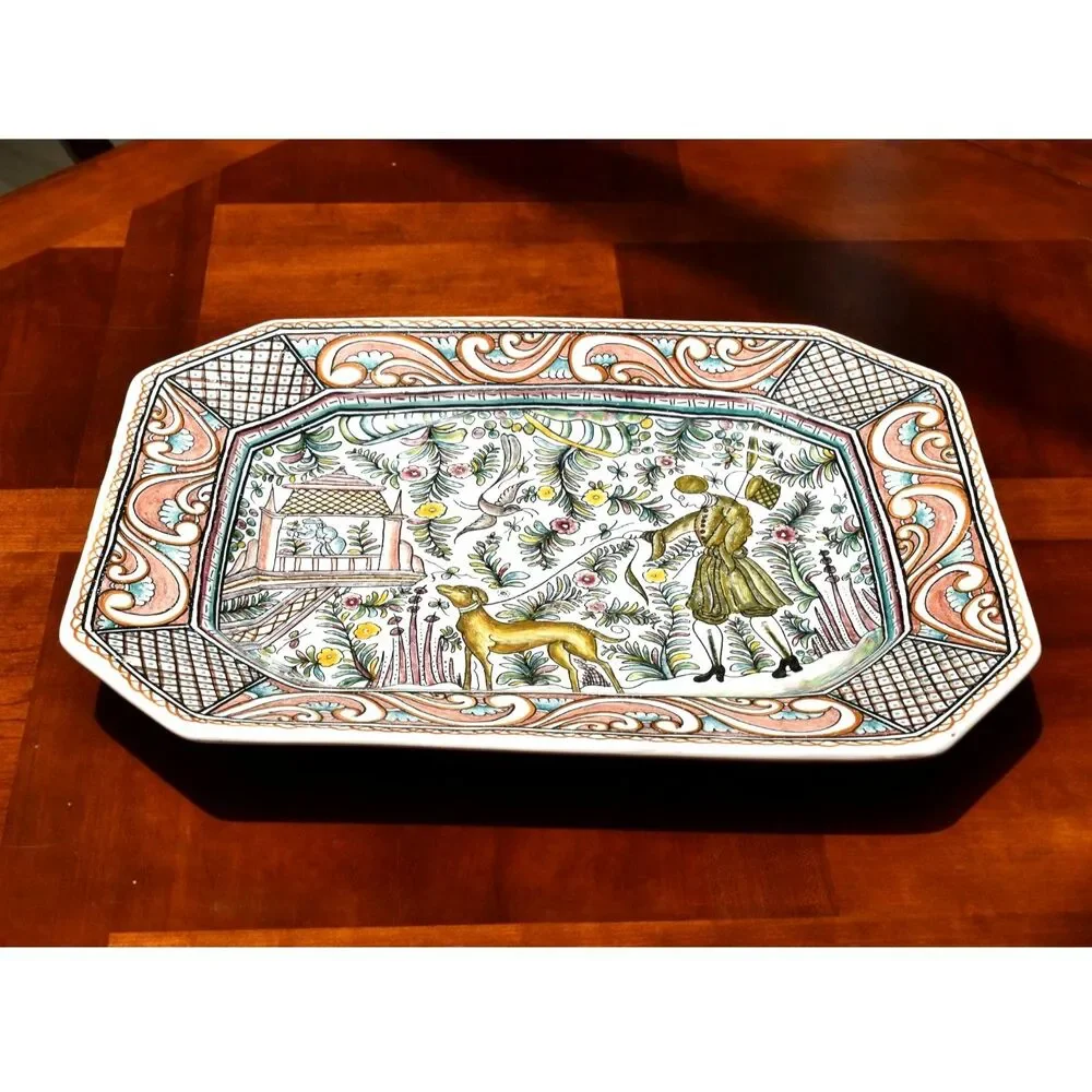 Conimbriga Portugal Hand Painted Faience Platter Sec XVII Lady & Hound 17